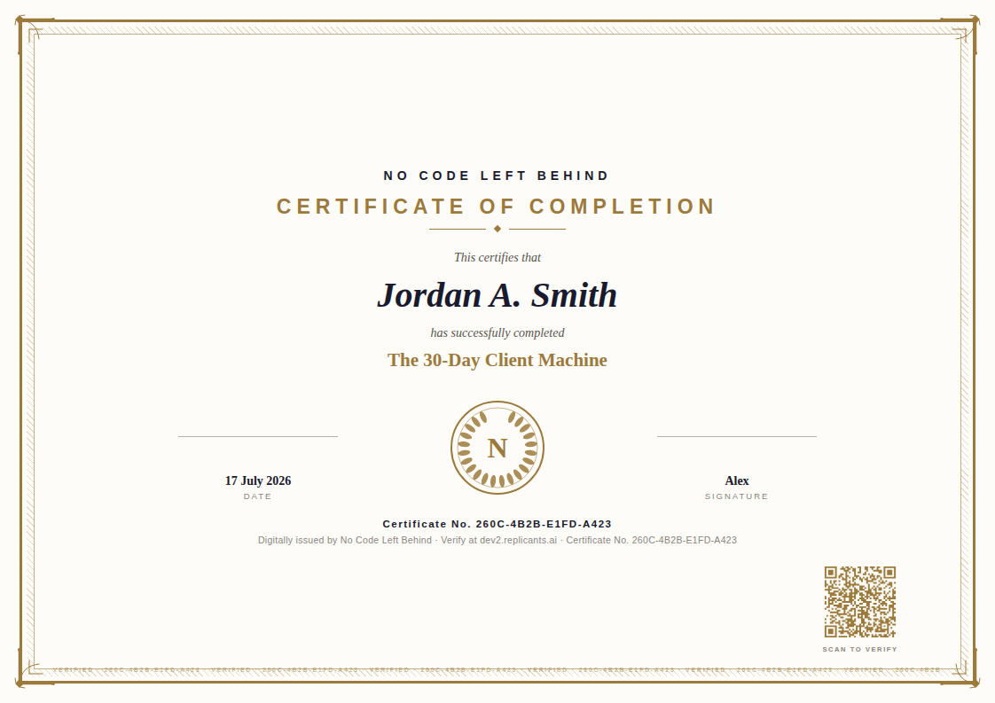 A completion certificate with a scannable QR verification code in the corner