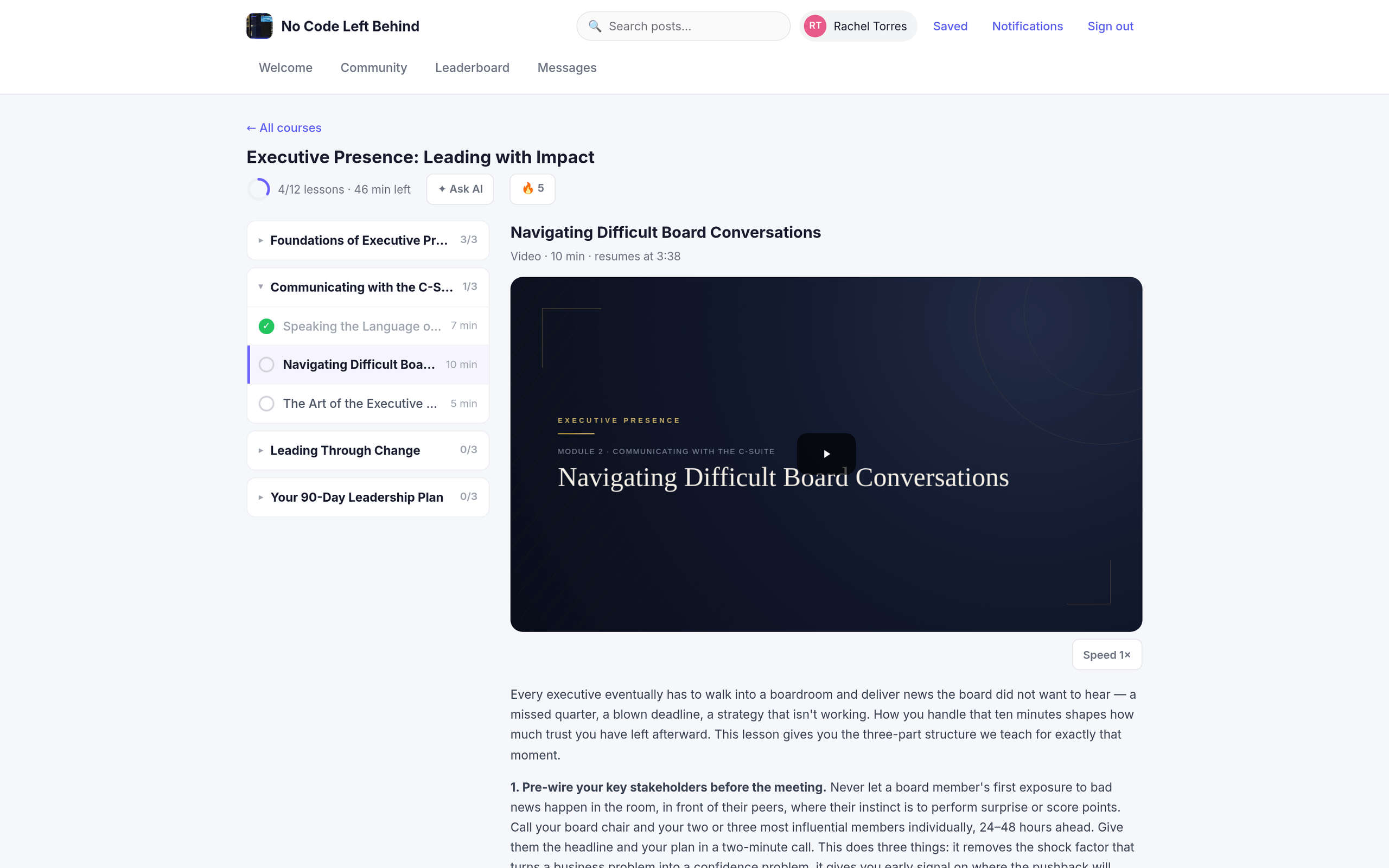 The lesson player with the lesson list, video and a knowledge check